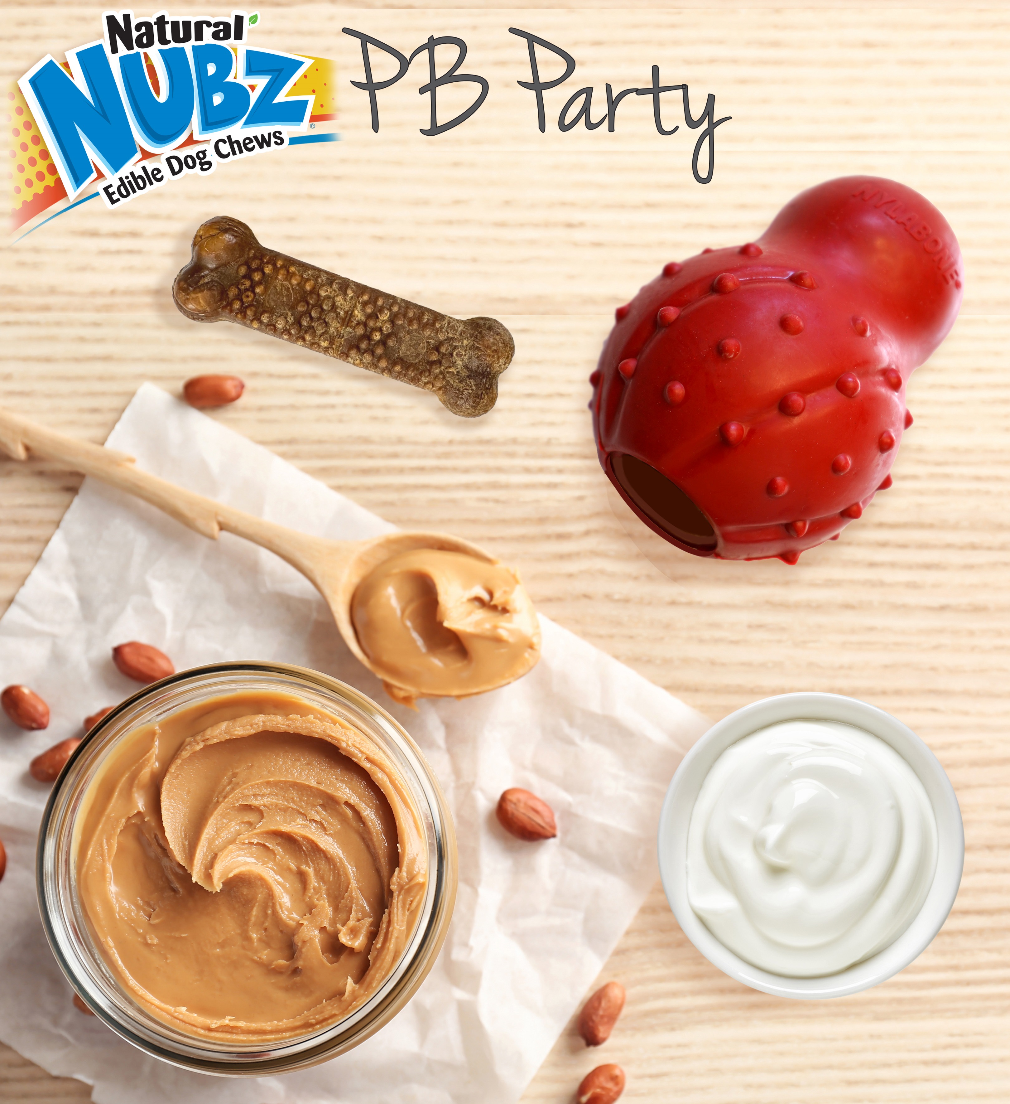 Nubz Peanut Butter Party treat recipe ingredients and Nylabone stuffable chew toy