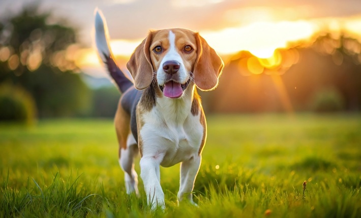 beagle playing in meadow