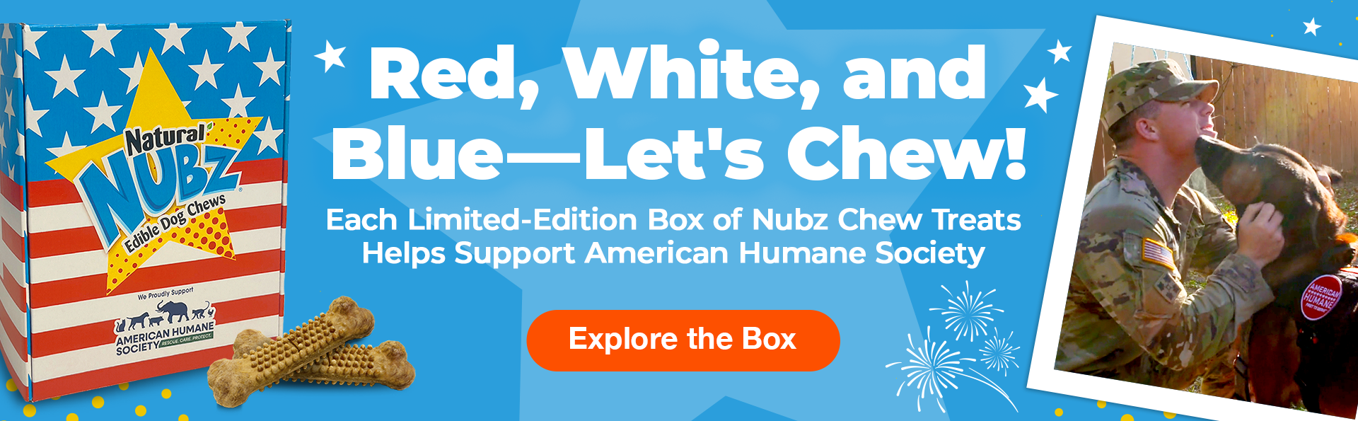 Nubz Dog Chew Treats Red, White & Blue Gift Box with chicken and peanut butter flavors, limited-edition USA-made dog treats with textured chews for dental health.