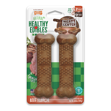 Healthy Edibles Meaty Center chew toy in packaging.