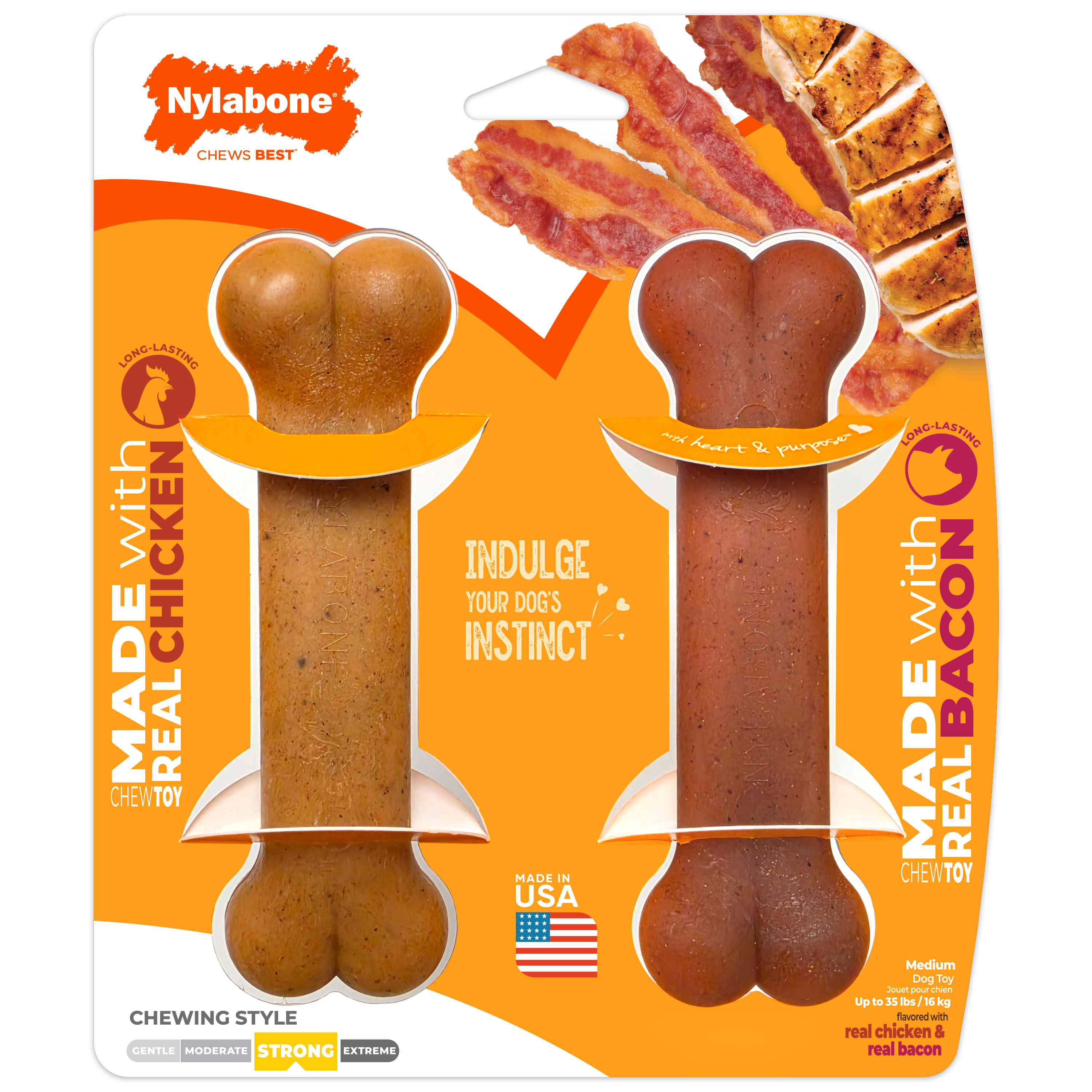 Nylabone Strong Chew Original Bone chew toys made with real bacon and chicken