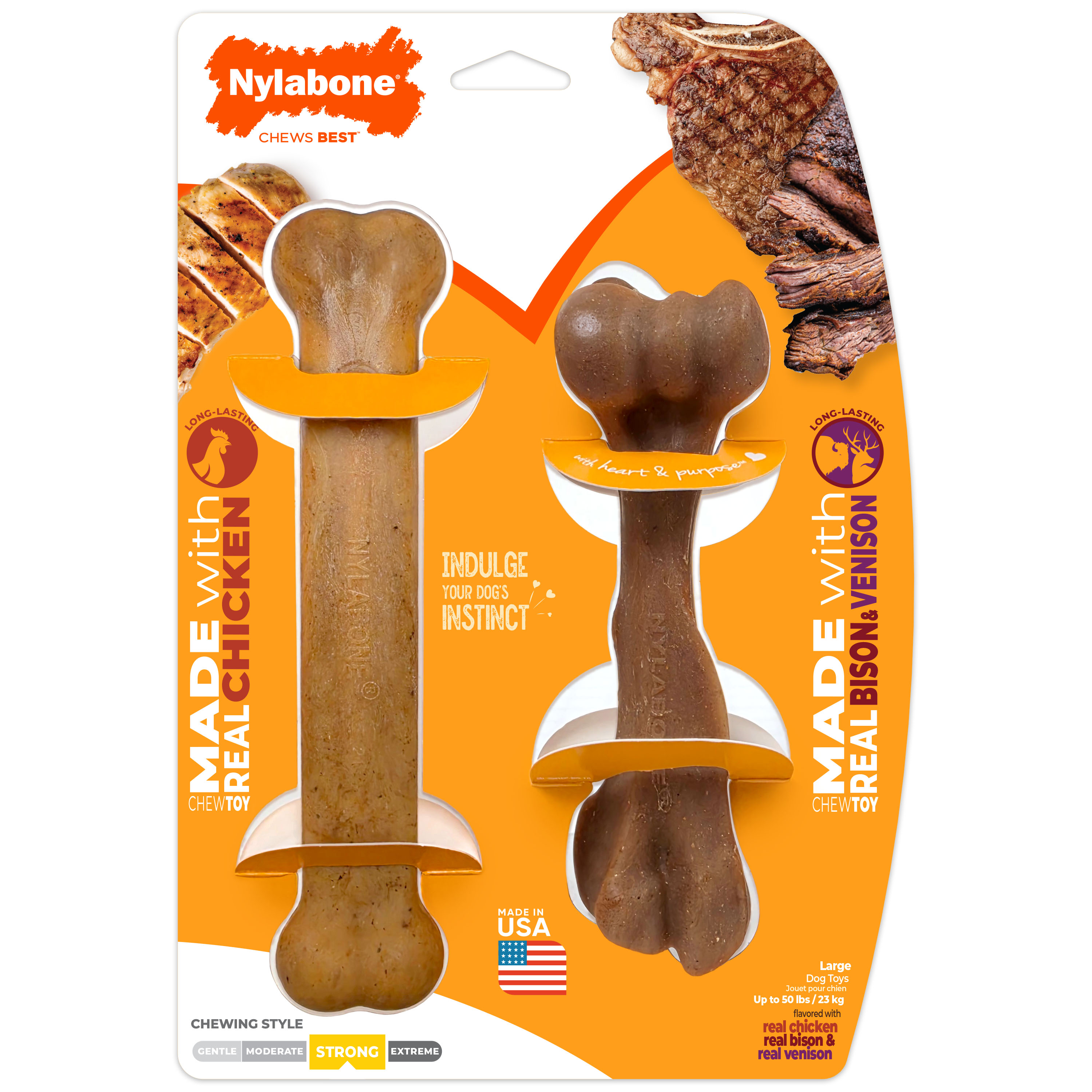 Nylabone Strong Chew Original Bone and Femur Bone chew toy made with real chicken, bison, and venison