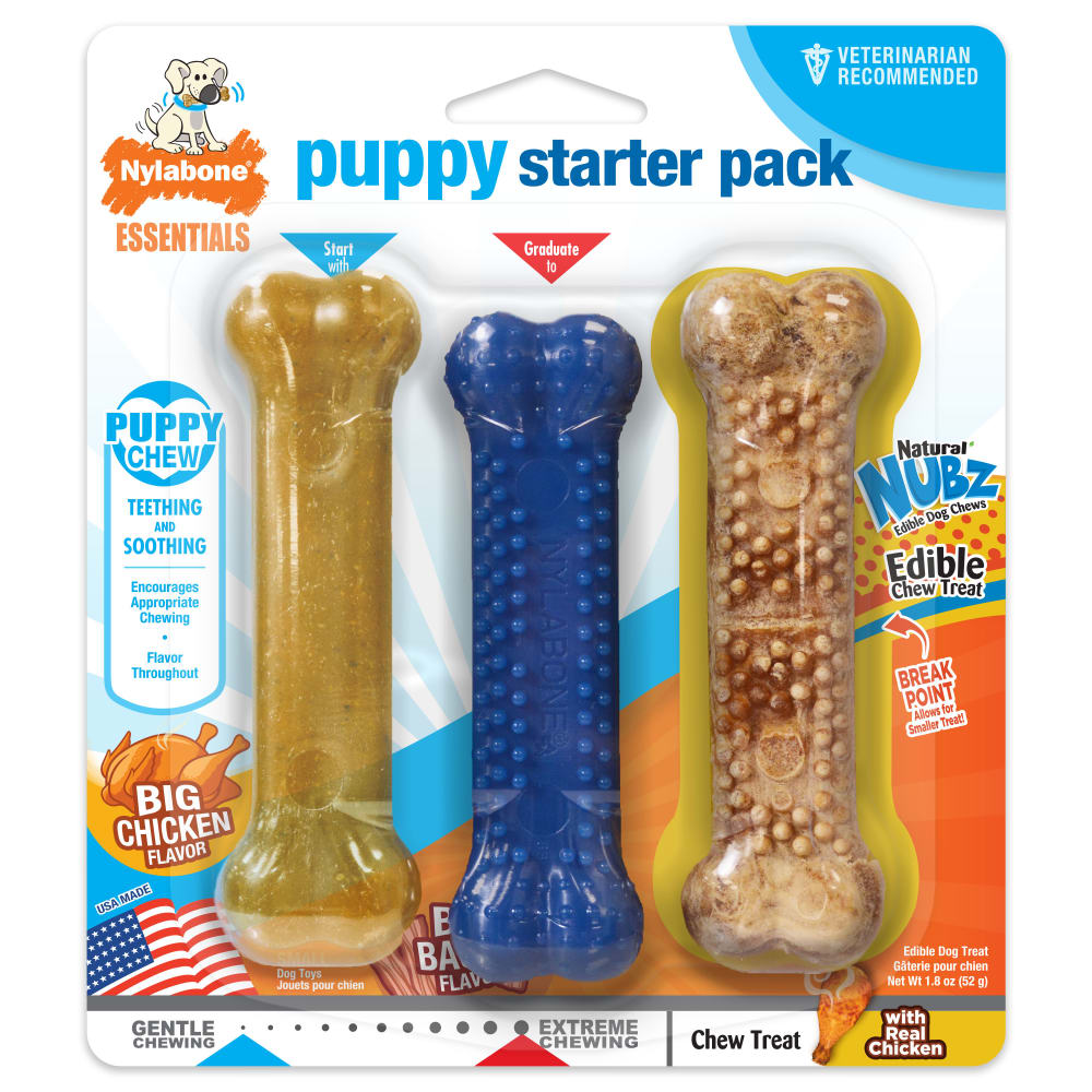 Puppy starter pack packaging with three treats.