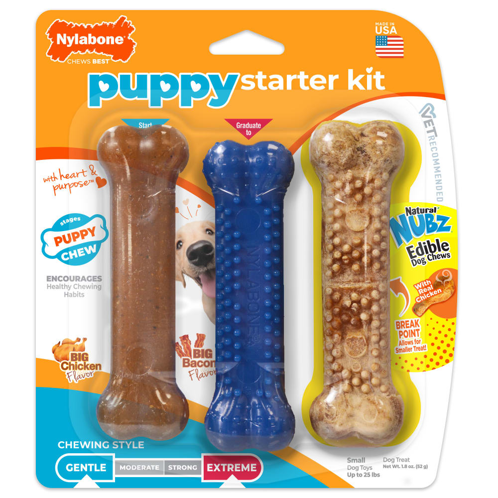 Front view of Nylabone Puppy Starter Kit in packaging