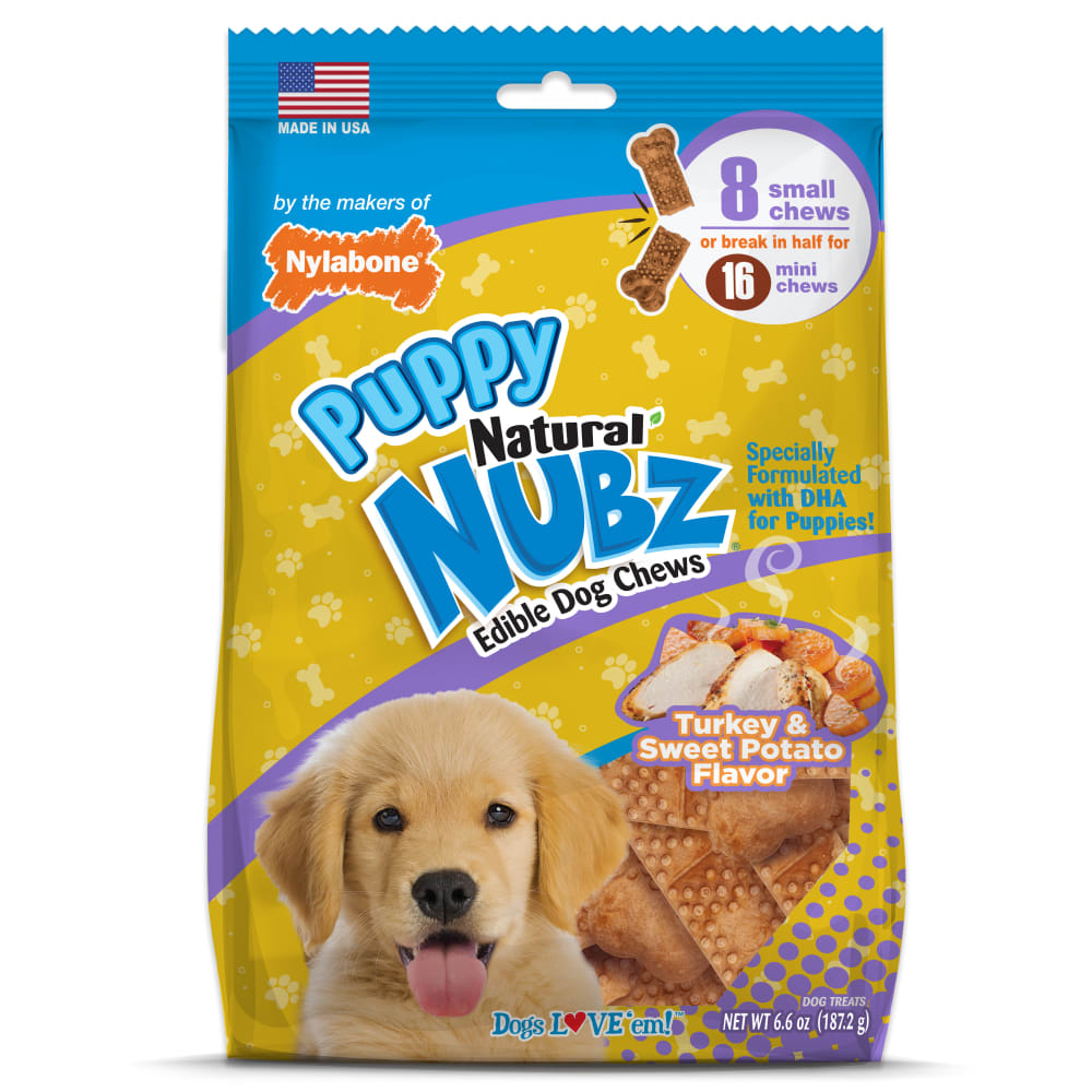 Front view of Nylabone Nubz Puppy Turkey Sweet Potato 8ct in packaging