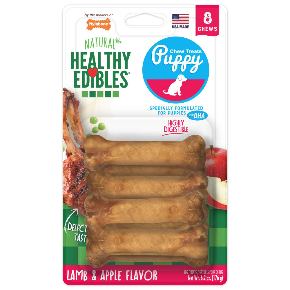 Front view of Nylabone Healthy Edibles Puppy Lamb Apple 8ct Petite Card in packaging