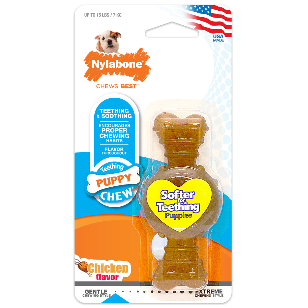Front view of Nylabone Puppy Chew Ring Bone in packaging