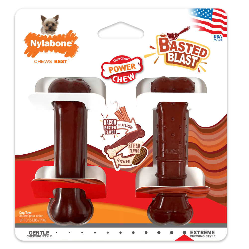 Front view of Nylabone Bastedbone Twinpack Petite in packaging