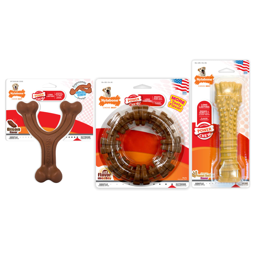 Multiple units of Nylabone Customerfavoritepowerchewbundle Inpackagefront bundled together