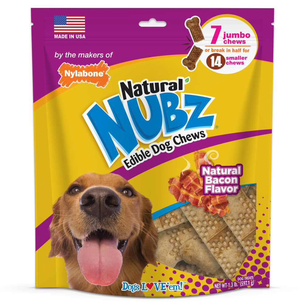 Front view of Nylabone Nubz Bacon Jumbo 7ct in packaging