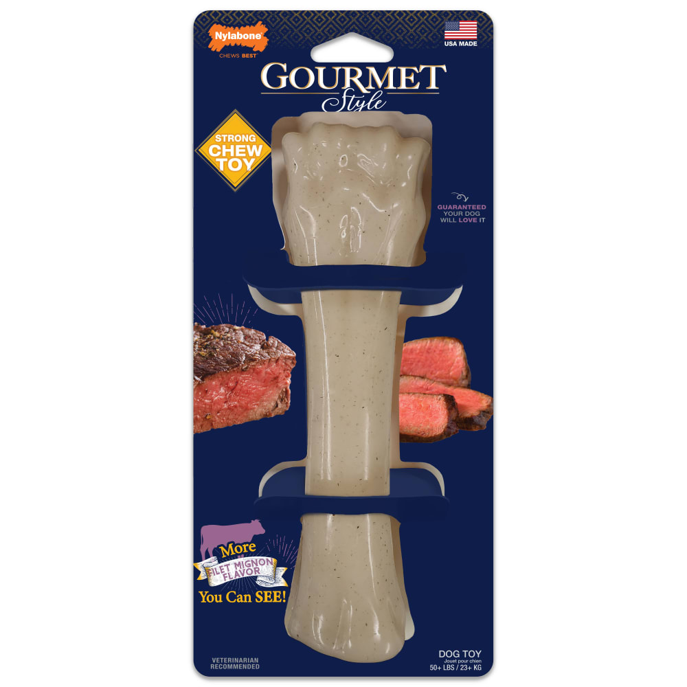 Front view of Nylabone Gourmet Smooth Souper Filet Mignon in packaging