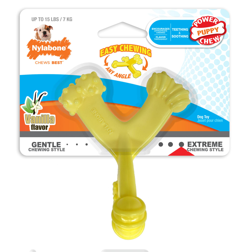 Front view of Nylabone Puppy Axis Bone in packaging
