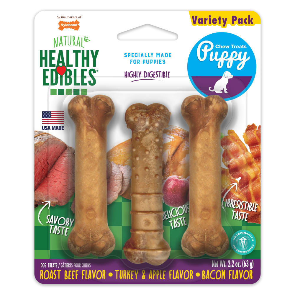 Front view of Nylabone Healthy Edibles Puppy Starter Kit Variety Pack 3ct Petite in packaging