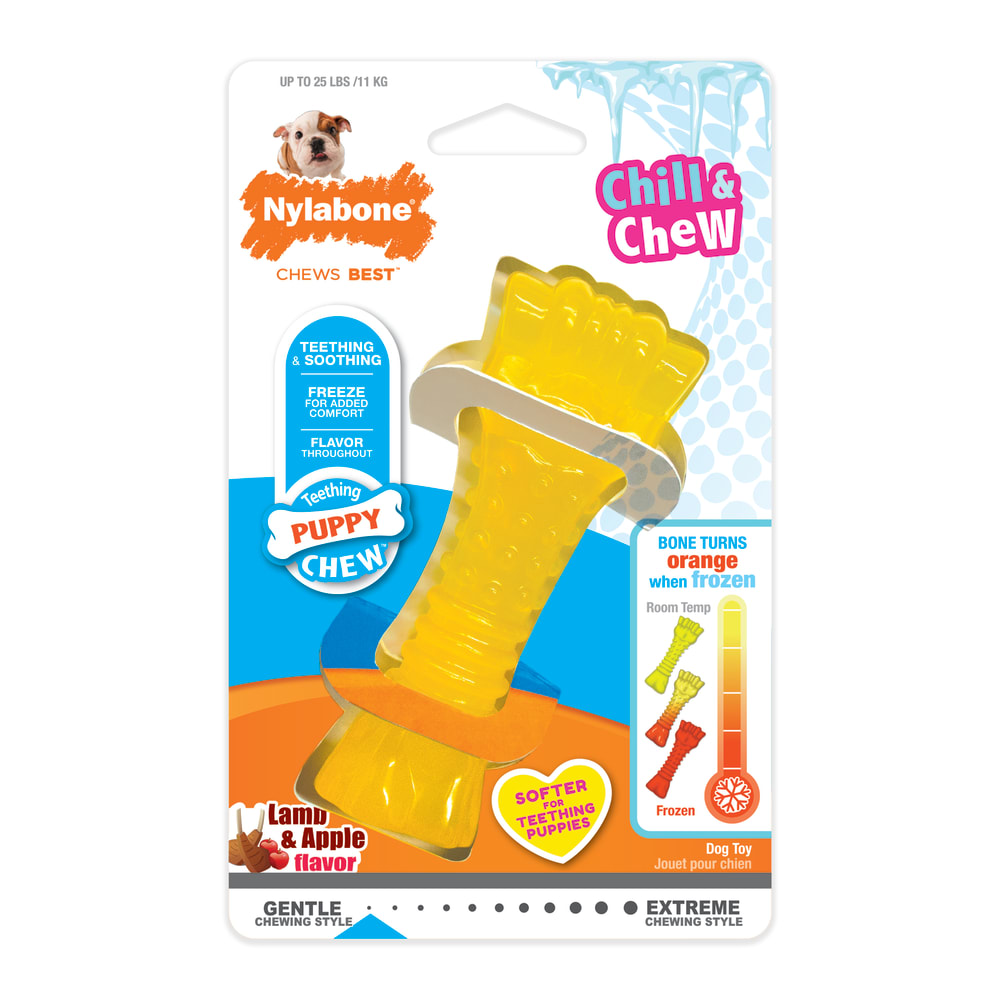 Front view of Nylabone Puppy Chew Freezer Bone Mini Souper in packaging