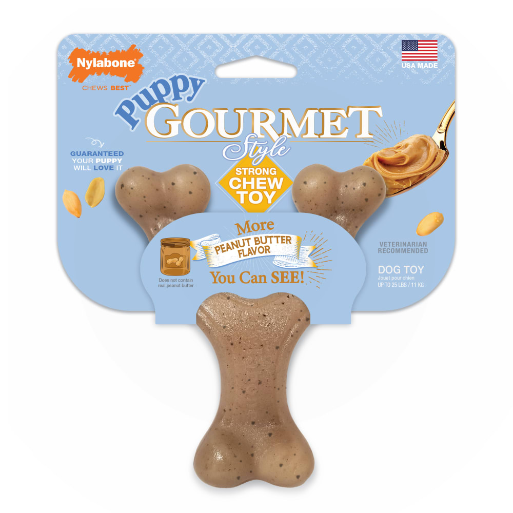 Front view of Nylabone Puppy Gourmet Style Strong Chew Wishbone Pb in packaging