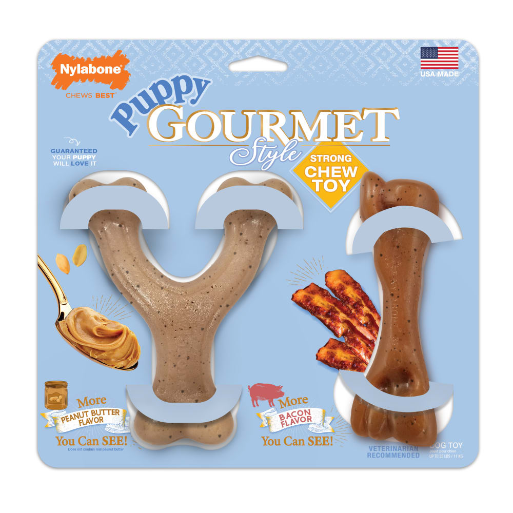 Front view of Nylabone Puppy Gourmet Style Strong Chew Twin Pack in packaging