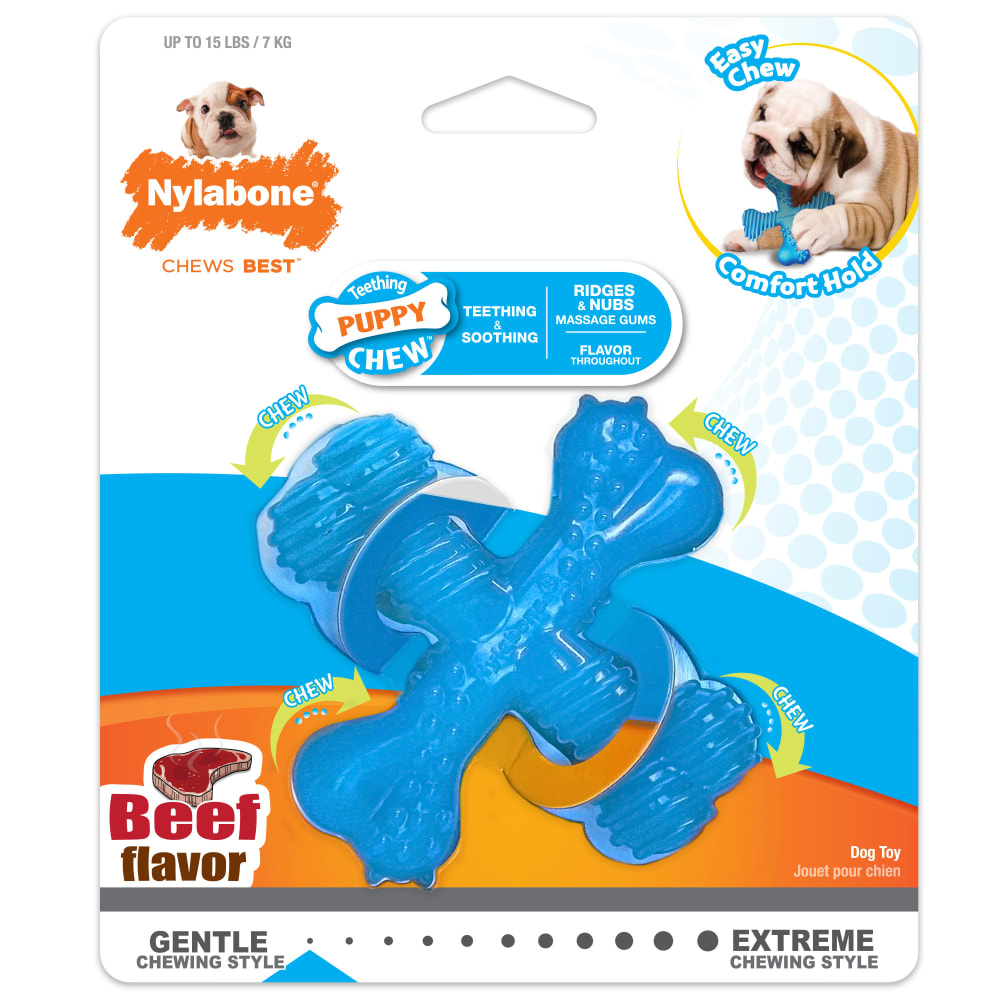 Front view of Nylabone Puppy Chew X Bone in packaging