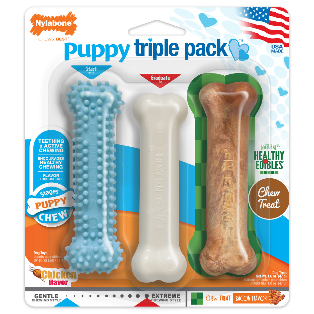 Front view of Nylabone Puppy Chew Triple Pack Reg in packaging