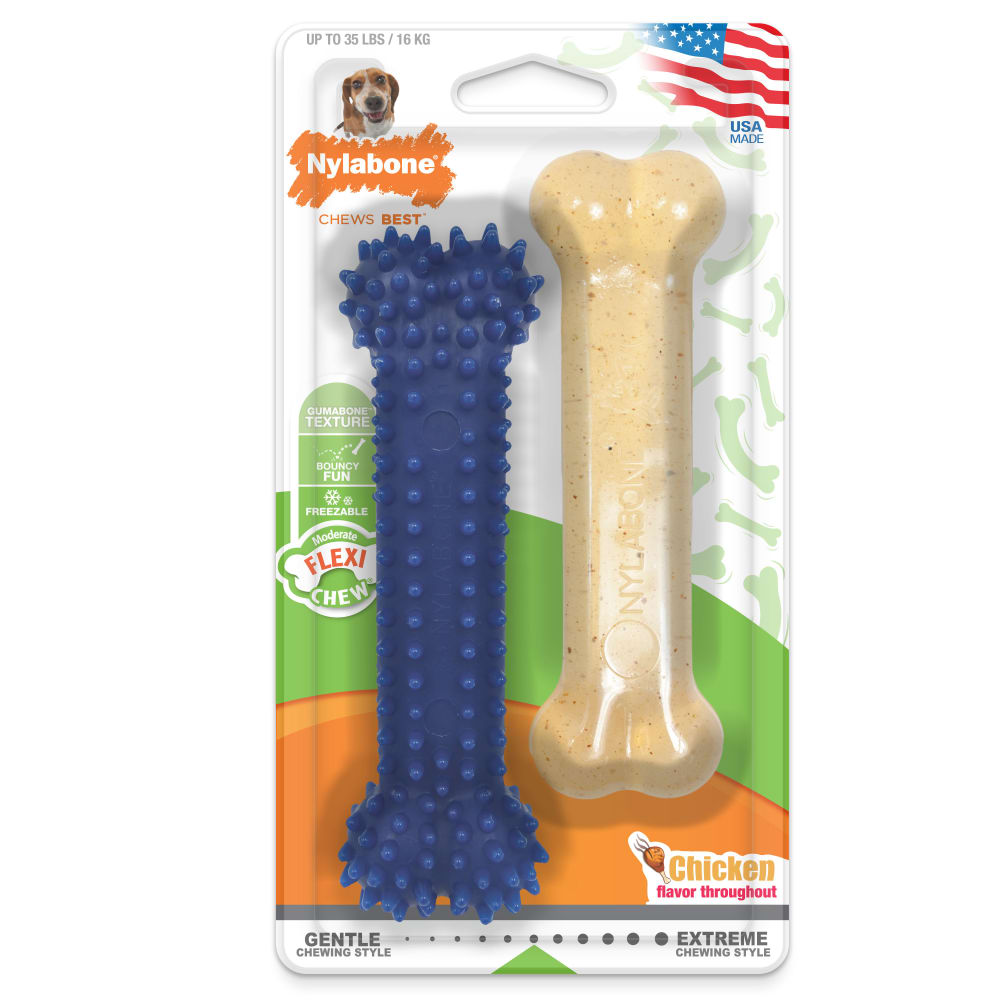 Front view of Nylabone Chicken Twin Pack Wolf in packaging